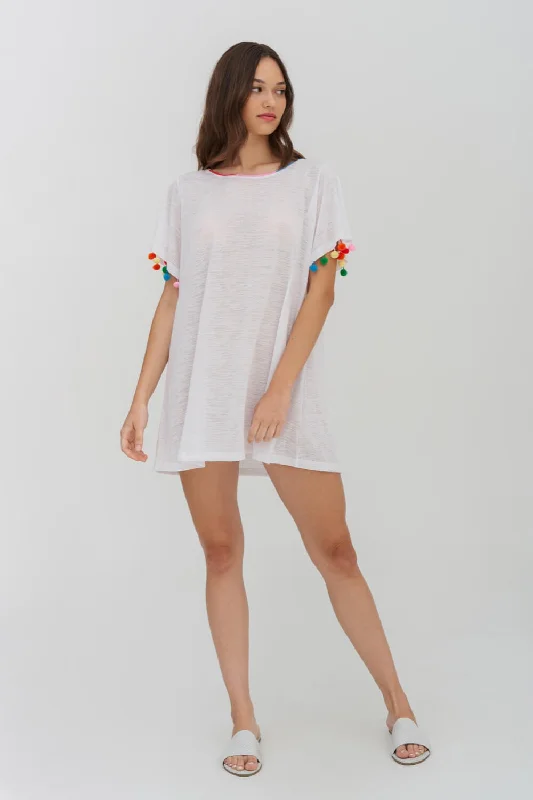Rainbow Pom Pom T-shirt Dress Cashmere Blend Cotton Blend Poly Blend
