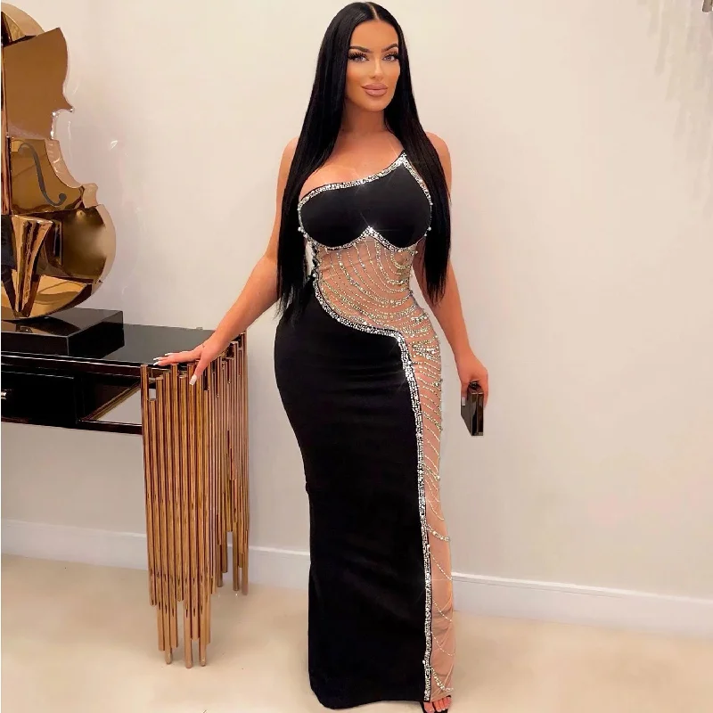 Rhinestone One Shoulder Mesh Maxi Dresses Cozy Knitted Maxi Dress