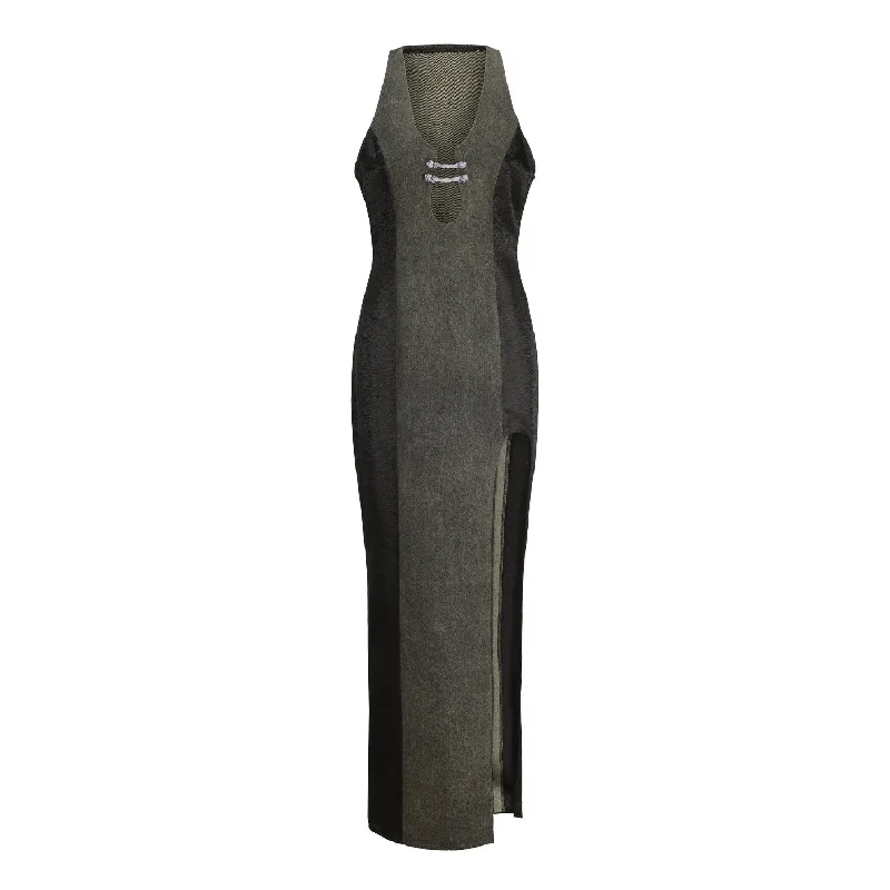 Ru Patch Denim Brocade Maxi Dress Elegant Maxi Dress with Slit