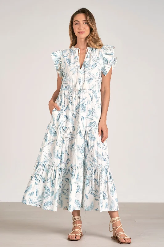 Ruffle Sleeve V-Neck Maxi Dress - Blue Lima Comfortable Long-Sleeve Maxi Dress