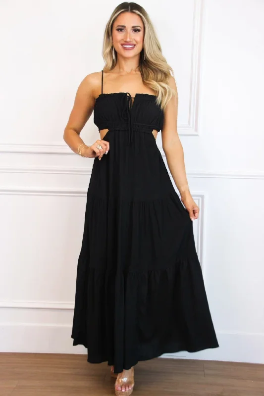 Santos Cutout Maxi Dress: Black Elegant Tiered Maxi Dress