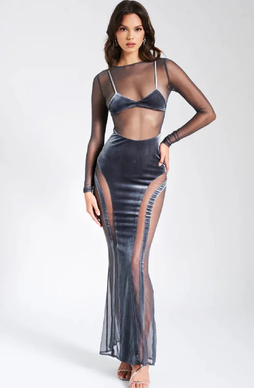 SHANNON GREY VELVET MESH MAXI DRESS Elegant Silk Maxi Dress