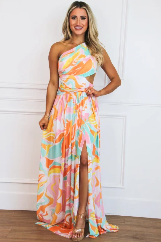 Shoreside Abstract One Shoulder Maxi Dress: Pink/Orange Multi Chic Sleeveless Maxi Dress Shoreside Abstract One Shoulder Maxi Dress: Pink/Orange Multi Chic Sleeveless Maxi Dress
