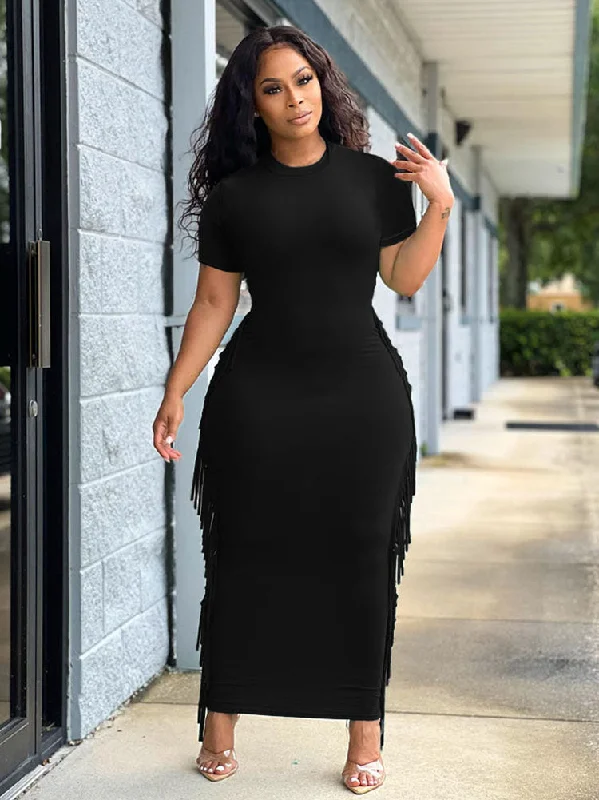 Short Sleeve Crew Neck Bodycon Tassel Maxi Dresses Fashionable Faux Wrap Maxi Dress