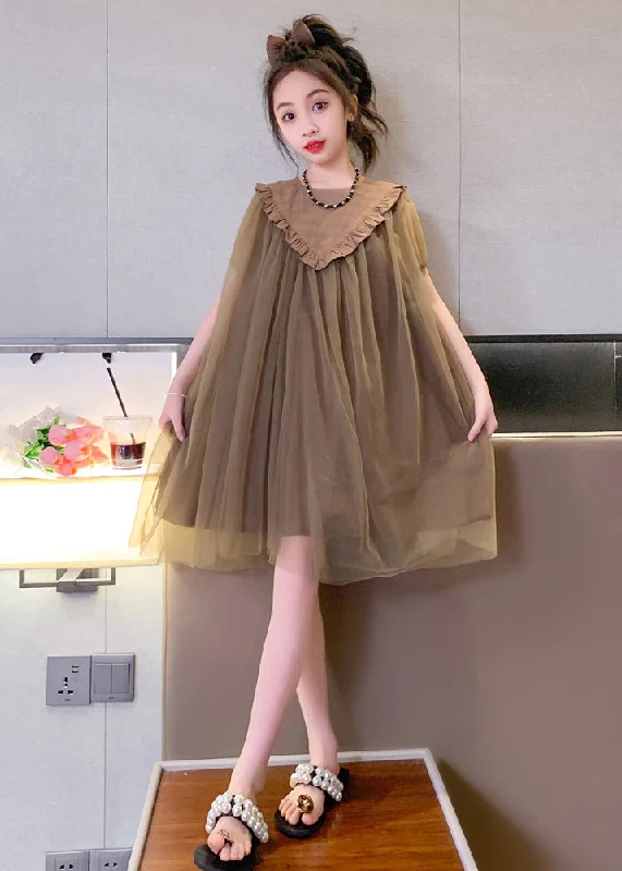 Simple Coffee O-Neck Patchwork Layered Tulle Kids Maxi Dresses Short Sleeve Comfortable Fitted Maxi Dress Simple Coffee O-Neck Patchwork Layered Tulle Kids Maxi Dresses Short Sleeve Comfortable Fitted Maxi Dress