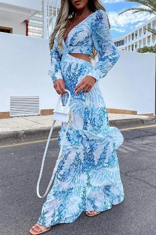 Sky Blue Vacation Lantern Cutout Maxi Dress Comfortable Cotton Maxi Dress