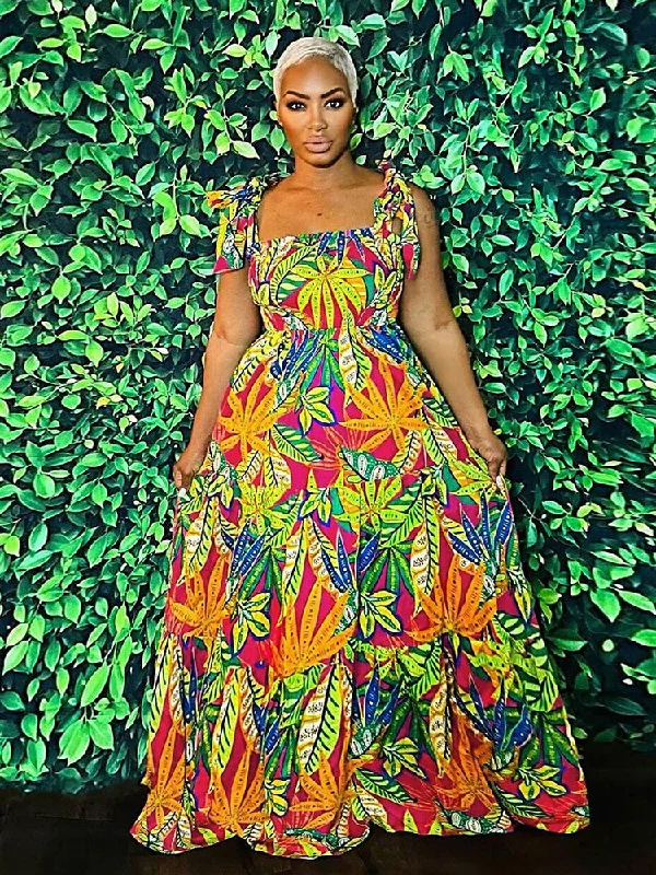 Sleeveless Floral Print Tie-Strap Maxi Dress Comfortable Fitted Maxi Dress