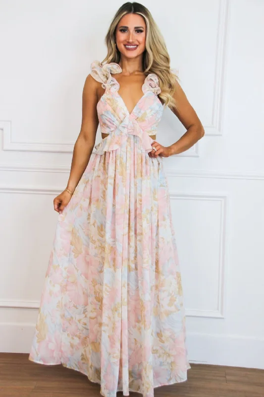 Sophie Floral Cutout Ruffle Maxi Dress: Pink Pastel Multi Stylish V-Neck Maxi Dress