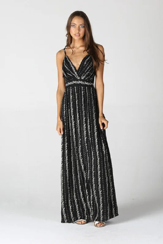 Spaghetti Strap Deep V-Neck Maxi Dress - Black Trendy Floral Print Maxi Dress