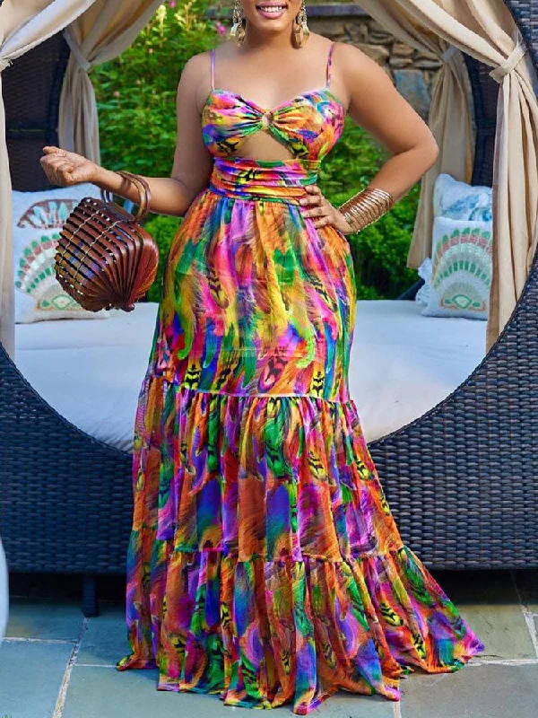 Spaghetti Strap Printed Tie-Dye Maxi Dresses Stylish Empire Waist Maxi Dress