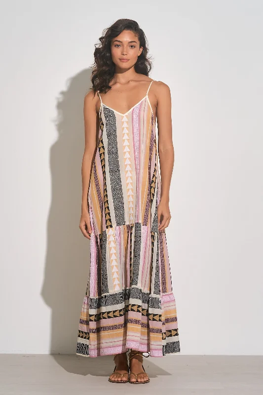 Spaghetti Strap Tiered Maxi Dress - Tan/Pink Fashionable Sheer Maxi Dress