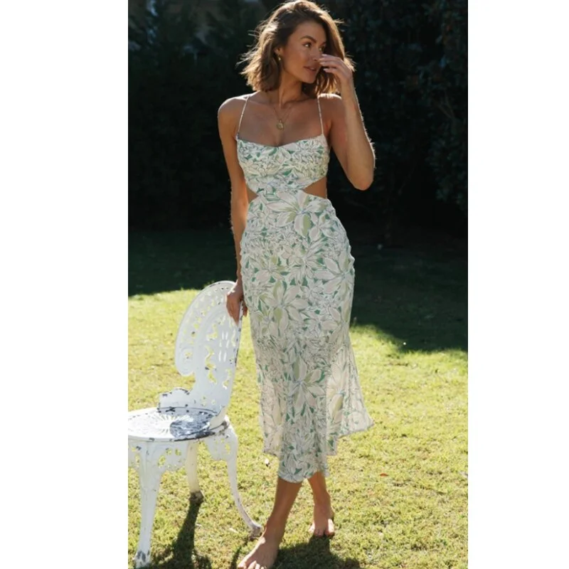 Spring Summer Small Floral Print Backless Lace Up Sweet Sling Elegant Maxi Dress 2023 Casual Maxi Dress with Pockets