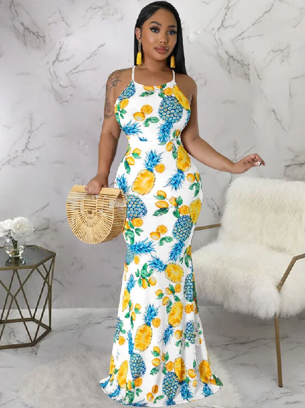 Strappy Back U-Neck Floral Print Fishtail Maxi Dress Trendy A-Line Maxi Dress