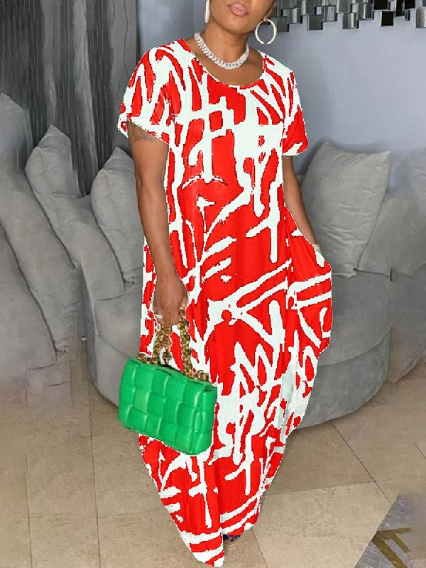 Stylish Short Sleeve Plus Size Floral Print Maxi Dress Comfortable Cotton Maxi Dress