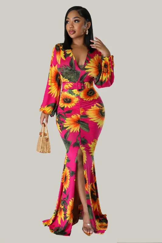 Sunflower Goddess Belted Maxi Dress Fashionable Layered Maxi Dress
