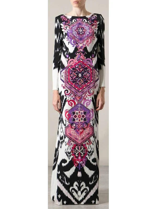 Suzani Printed Long Sleeve Maxi Dress in Multicolor Trendy Button Front Maxi Dress