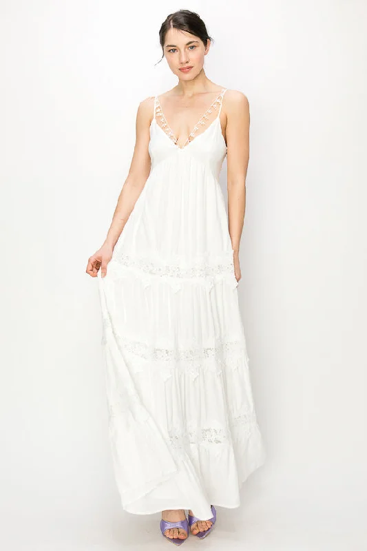 Sweetheart Tiered Floral Lace Trim Maxi Dress Cozy Spaghetti Strap Maxi Dress