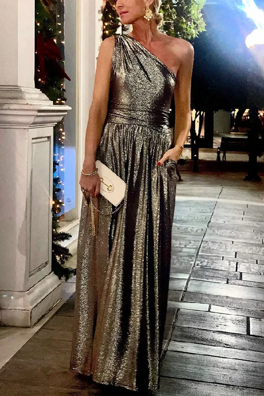 Talk of The Party Metallic Pocketed One Shoulder Maxi Dress Comfortable Ruffle Maxi Dress Talk of The Party Metallic Pocketed One Shoulder Maxi Dress Comfortable Ruffle Maxi Dress