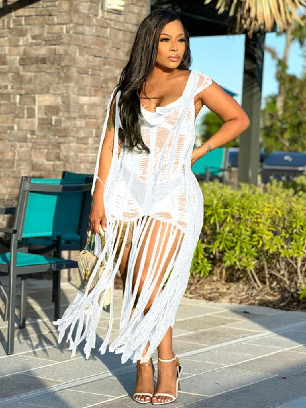 Tassel Hollow Out Fringed Beach Maxi Dresses Elegant Maxi Dress with Pockets