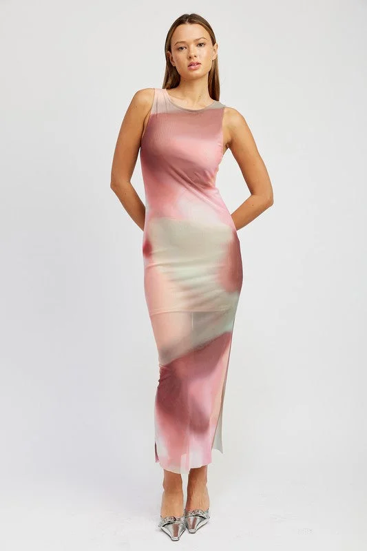 TIE DYE PRINT TANK MAXI DRESS Elegant Tiered Maxi Dress
