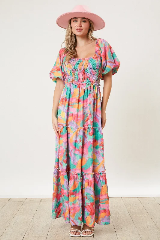TIERED FLORAL MAXI DRESS WITH PUFF SLEEVES AND SMOCKED DETAILING Comfortable Fitted Maxi Dress TIERED FLORAL MAXI DRESS WITH PUFF SLEEVES AND SMOCKED DETAILING Comfortable Fitted Maxi Dress