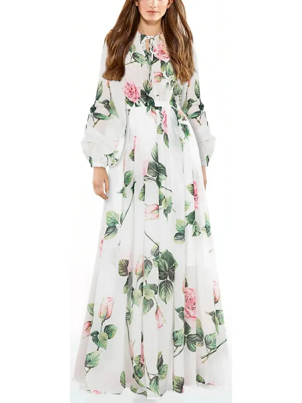 Tropical Rose Print Chiffon Maxi Dress Stylish Boho Chic Maxi Dress
