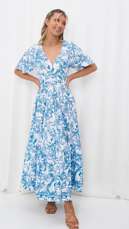 Felicity Tropical Blue and White Maxi Dress Elegant Sleeveless Maxi Dress