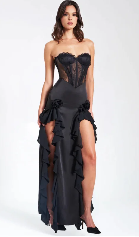 TALIA BLACK SATIN LACE CORSET MAXI DRESS Stylish Button-Up Maxi Dress