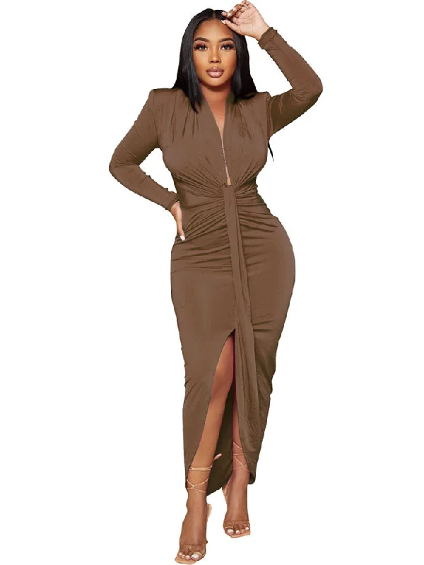 V Neck Split Hem Solid Maxi Dresses Stylish Maxi Dress with Frills
