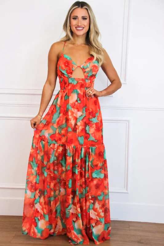 Vandi Floral Maxi Dress: Red Combo Cozy Maxi Dress with Slit