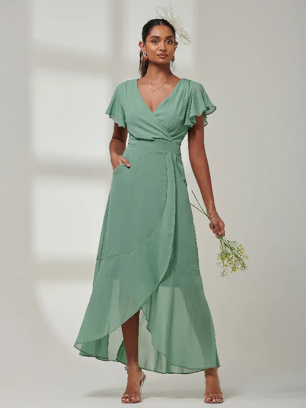 Vicky Chiffon Frill Maxi Dress, Green Trendy Floral Print Maxi Dress