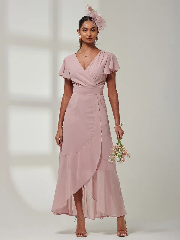 Vicky Chiffon Frill Maxi Dress, Pink Trendy Maxi Dress with Bow