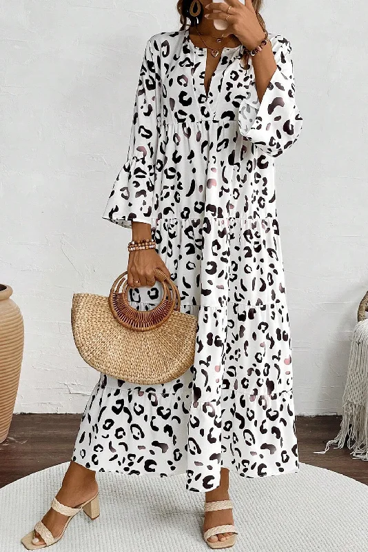 Blue Zone Planet | White Leopard Print Notch V Neck Loose Fit Maxi Dress Comfortable Flowy Maxi Dress Blue Zone Planet | White Leopard Print Notch V Neck Loose Fit Maxi Dress Comfortable Flowy Maxi Dress