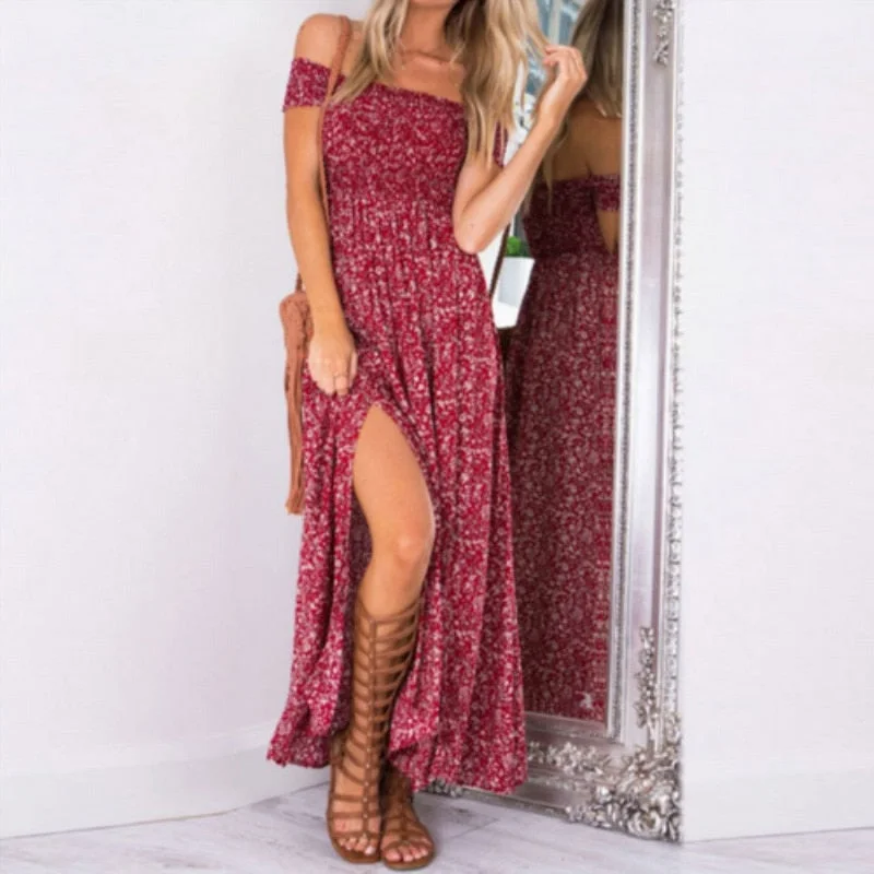 Women Boho Off shoulder High Waist Short Sleeve Maxi Dress Ladeis Summer Floral Beach Casual Long Sundress Casual Maxi Dress with Pockets