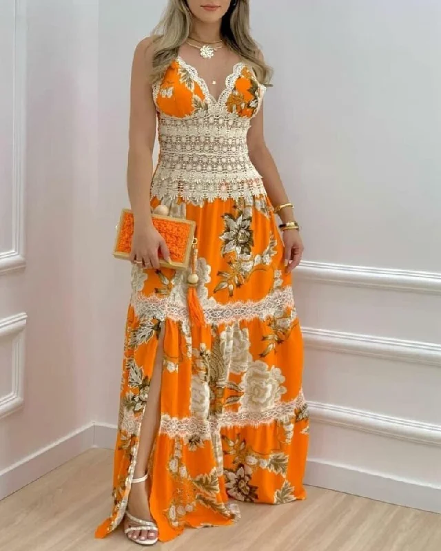 Women Elegant Dress Floral Print Sleeveless V-Neck Maxi Dress Summer Vacation Sexy Floral Print Contrast Lace Split Dress 2023 Fashionable Halter Neck Maxi Dress