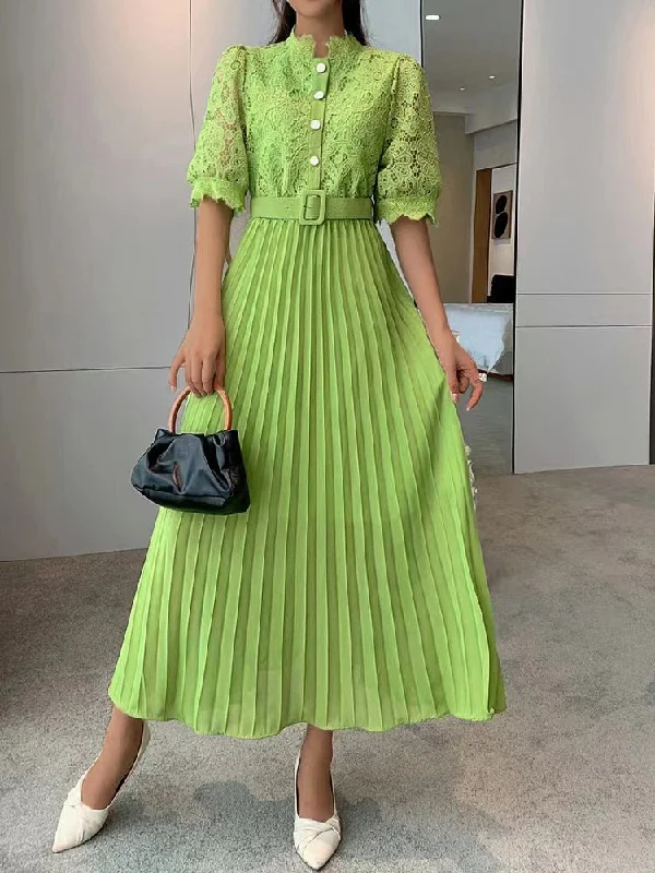 Women's Dresses Half Sleeve Lace Button Belt Pleated Maxi Dress Stylish One-Shoulder Maxi Dress