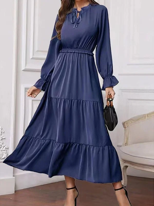 Women's Dresses Solid Long Sleeve Tie Maxi Dress Comfortable Maxi Dress with Belt