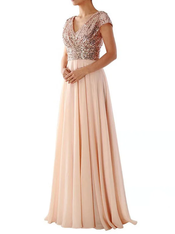 Women's Dresses V Neck Sequin Chiffon Panel Maxi Dress Stylish A-Line Maxi Dress