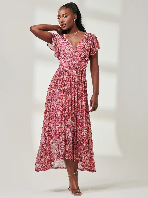 Wrap Dip Hem Mesh Maxi Dress, Pink Abstract Comfortable Ruffle Maxi Dress