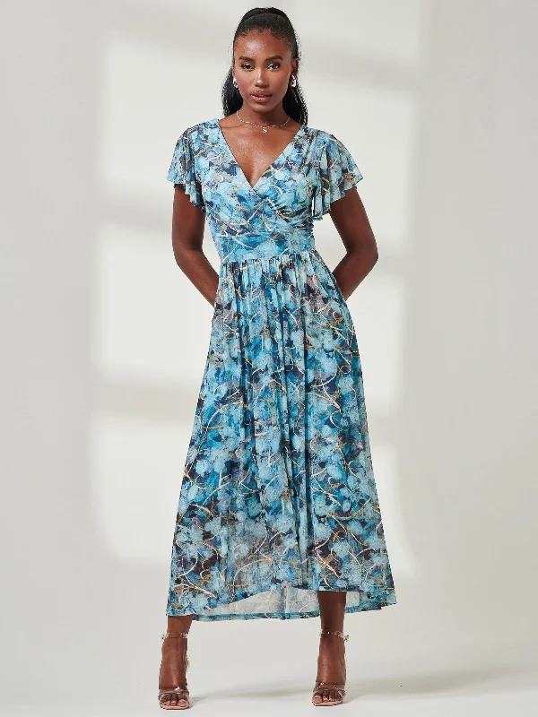 Wrap Dip Hem Mesh Maxi Dress, Blue Abstract Stylish Maxi Dress with Frills