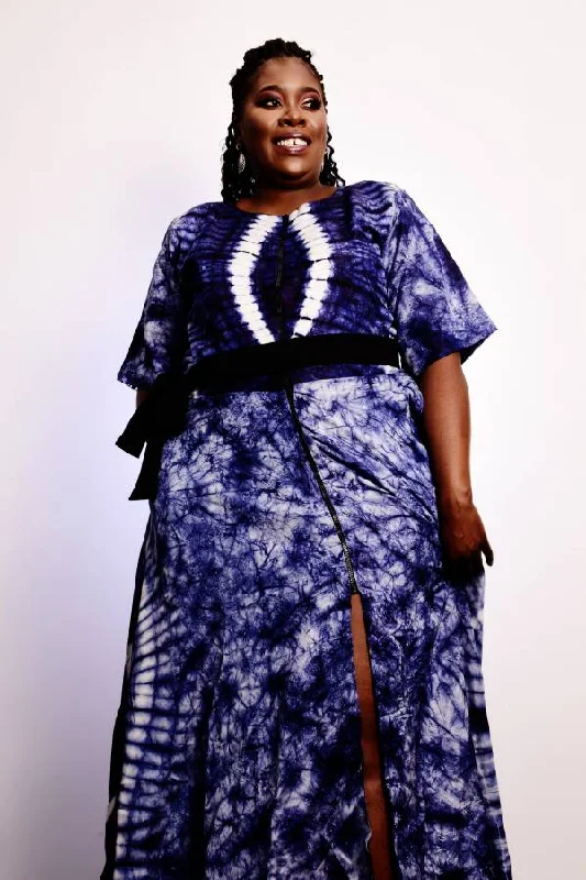 XHOSA SILK ADIRE MAXI DRESS WITH BRASS FRONT ZIP Trendy Button Front Maxi Dress