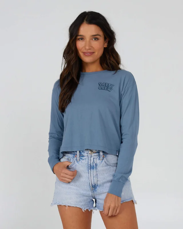 Floats Your Boat L/S Crop Tee - Bluestone V-Neck T-Shirt Long Sleeve Cotton