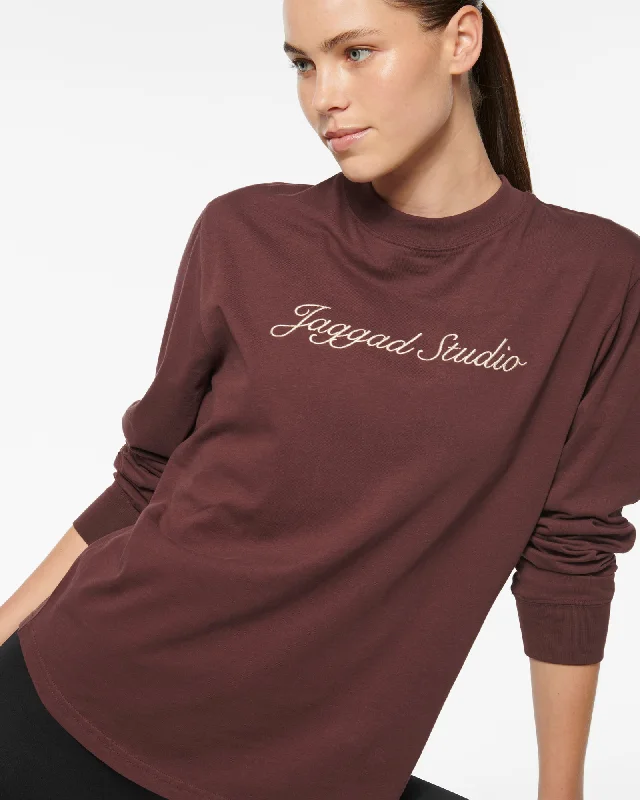 SCRIPT OVERSIZED LONG SLEEVE TEE BURGUNDY Terry Blend Velvet Blend Canvas Blend