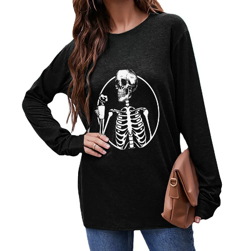 Skeleton Drinking Coffee Women's Long Sleeve T-Shirt Mesh Blend Leather Blend Suede Blend Skeleton Drinking Coffee Women's Long Sleeve T-Shirt Mesh Blend Leather Blend Suede Blend