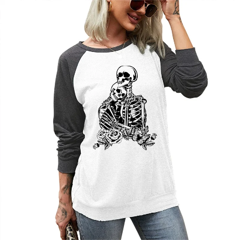 Skull Lovers Women's Two-Colors Crew Neck Printed Casual T-shirt Cozy Warm Stylish