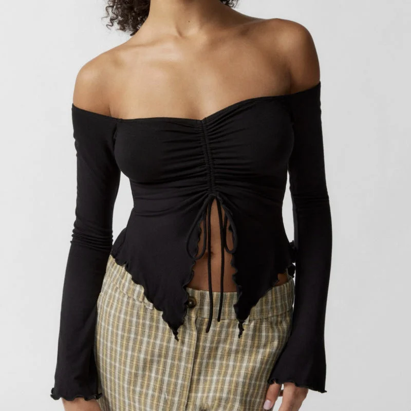 Two-wear Top Wooden Ear Edge Horn Sleeve Sexy Off-the-shoulder Long Sleeve T-shirt Woman Beaded Sequined Faux Fur Two-wear Top Wooden Ear Edge Horn Sleeve Sexy Off-the-shoulder Long Sleeve T-shirt Woman Beaded Sequined Faux Fur