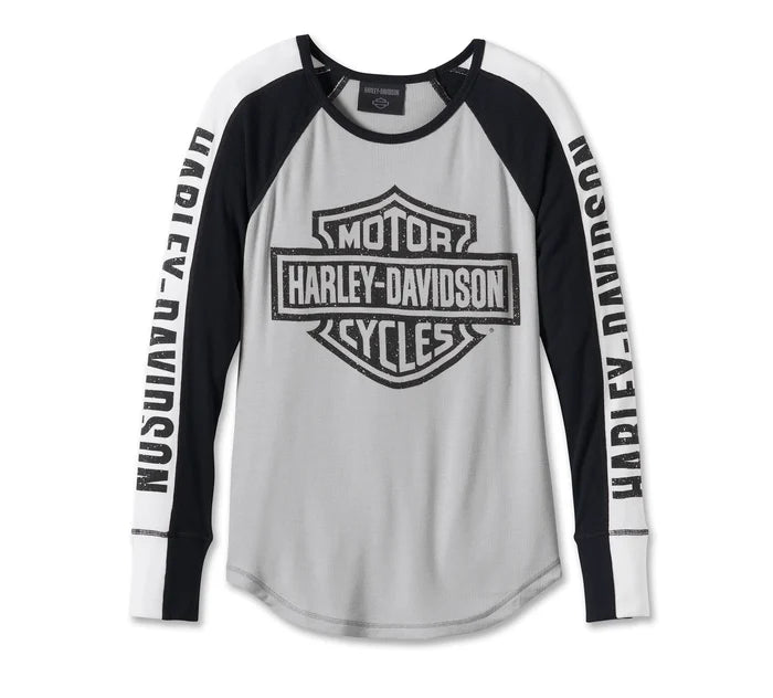 Women's Bar & Shield Raglan Long Sleeve Tee - Colorblocked Grey 96144-24VW Mesh Fabric Canvas Fabric Denim Fabric