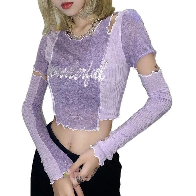 Women's Grunge Letter Embroidered Irregular T-shirt Boxy Fit Fitted Loose