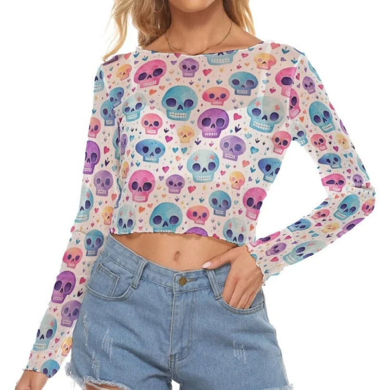 Women's Pastel Skulls Mesh Long Sleeves T-shirt Lace Blend Ribbed Blend Corduroy Blend Women's Pastel Skulls Mesh Long Sleeves T-shirt Lace Blend Ribbed Blend Corduroy Blend