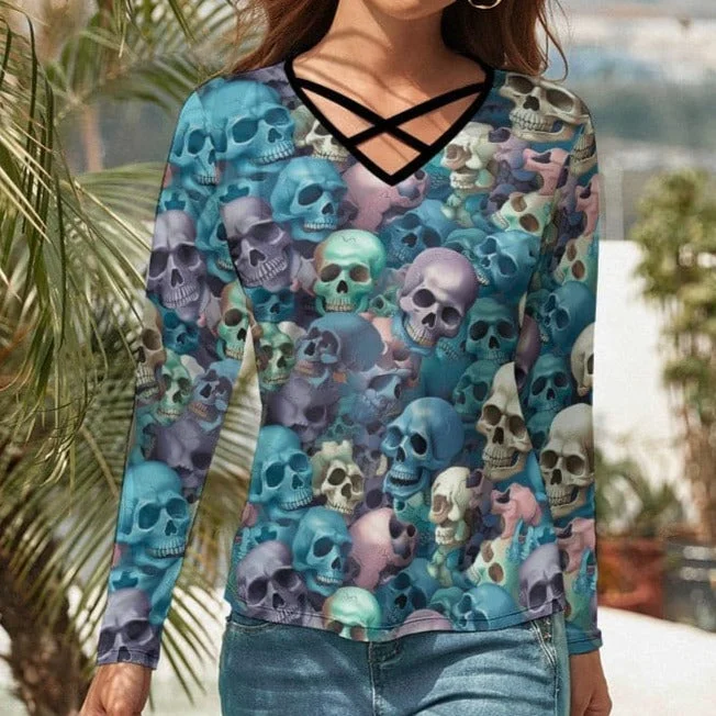 Women's Pastel Skulls V-Neck Long Sleeve T-Shirt Modern Contemporary Chic